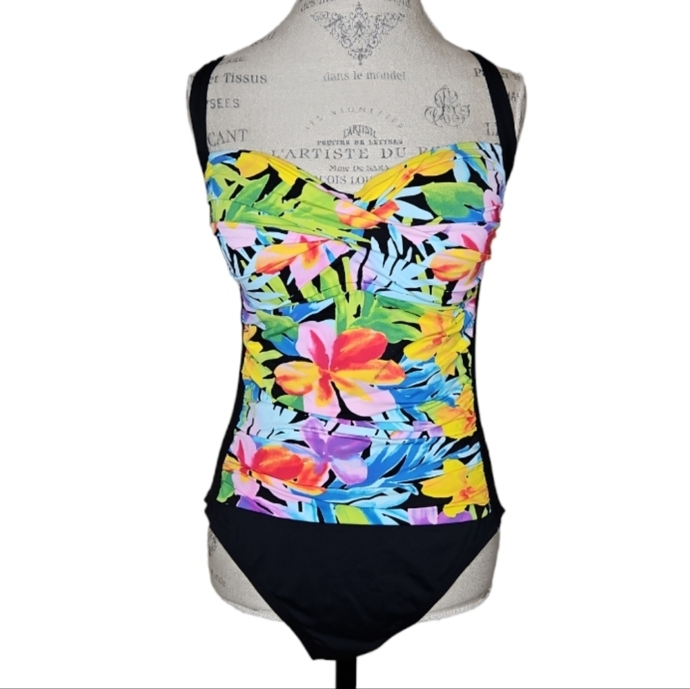 La Blanca Ruched Tummy Black Floral One Piece Swimsuit Size 16